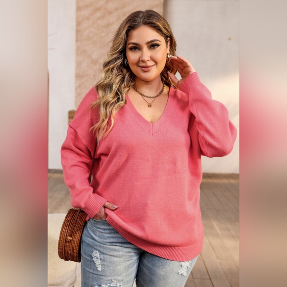 Plus Size V-Neck Dropped Shoulder Sweater - Picture 2 of 6
